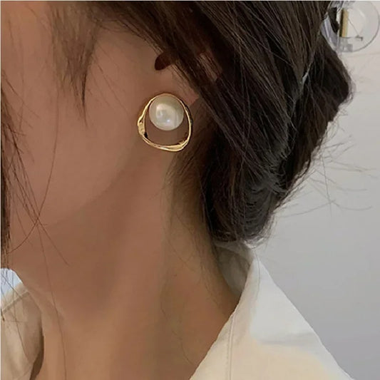 Gold-Plated Pearl Round Stud Earrings