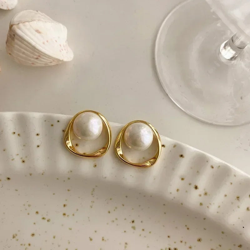 Gold-Plated Pearl Round Stud Earrings