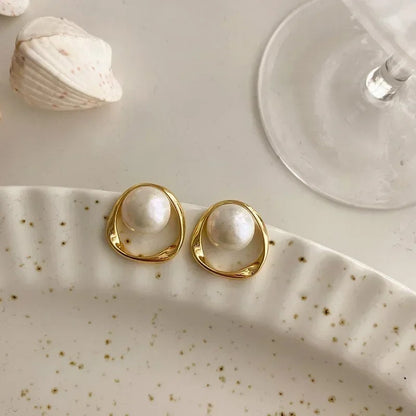 Gold-Plated Pearl Round Stud Earrings